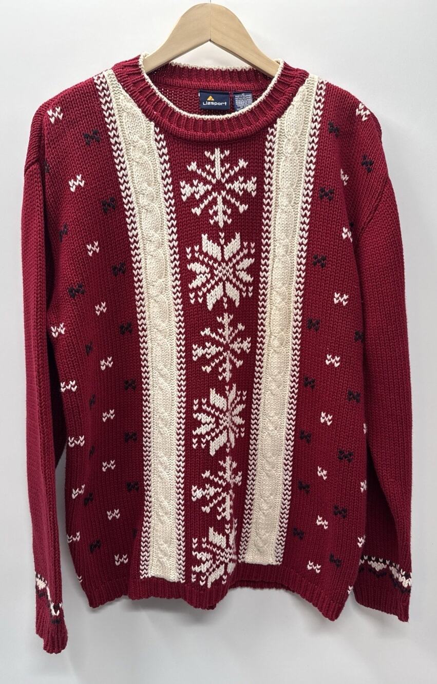 Vintage Liz Sport Cable Knit Snowflake Sweater MEDIUM Crew Neck Cotton Chunky